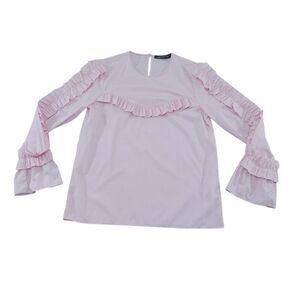 Zara‎ Romantic Pink Ruffle Sleeve Blouse with Bell Cuffs and Yoke Detail Size S